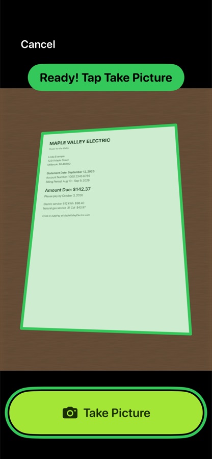 The camera with a green frame around a bill and the words Ready, Tap Take Picture.