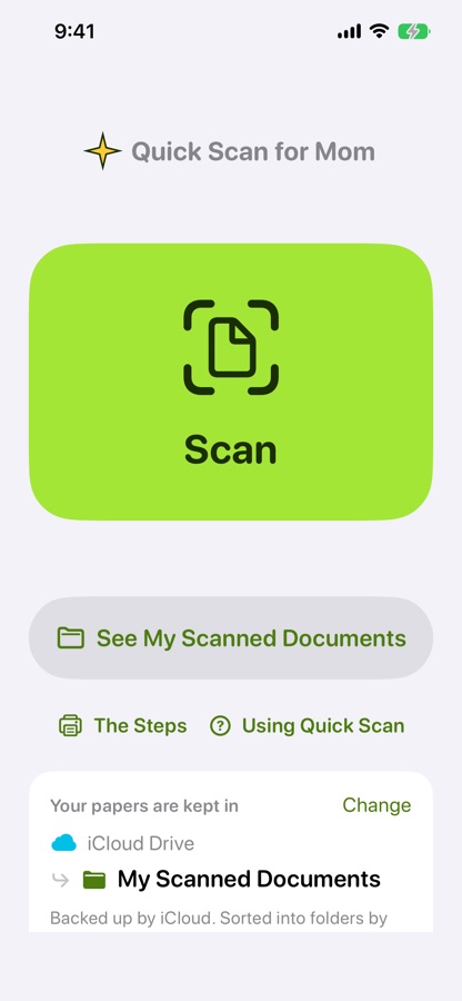 The home screen: one big green Scan button.