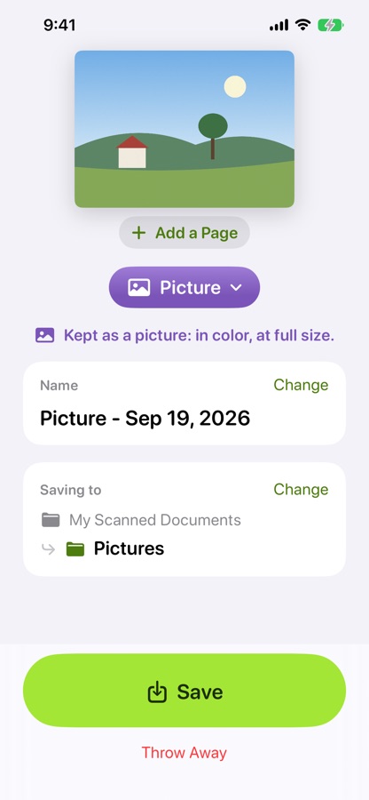 A photograph kept as a picture, in color, going into Pictures.