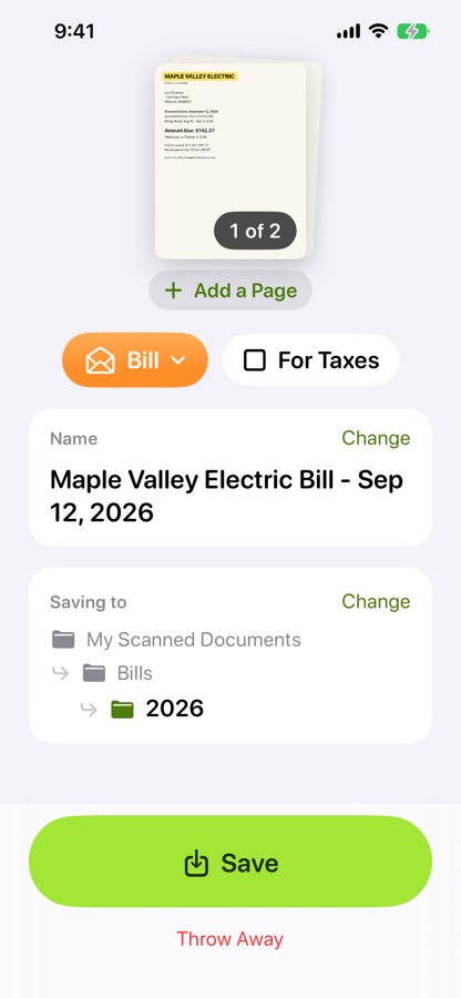 A scanned bill already named Maple Valley Electric Bill, Sep 12, 2026, going into Bills, 2026.