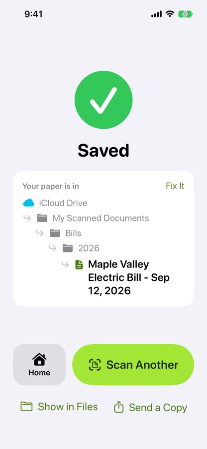 The Saved screen showing the folder the bill went into.