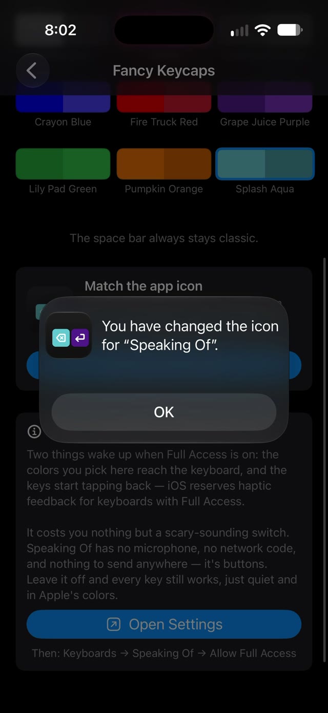 Fancy Keycaps behind an iPhone alert: You have changed the icon for Speaking Of, with an OK button.
