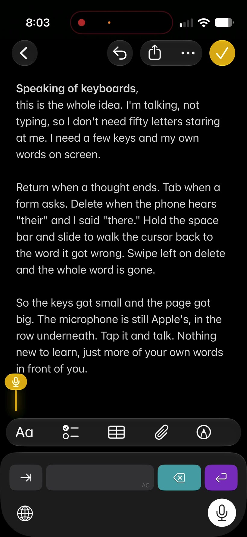 An iPhone Air in dark mode showing a note in Notes that reads Speaking of keyboards, this is the whole idea. I'm talking, not typing, so I don't need fifty letters staring at me. Under the note, the Speaking Of keys: tab, a blank space bar, a Splash Aqua delete key and a Grape Juice Purple return key. Under that, Apple's own row with the globe and a lit microphone.