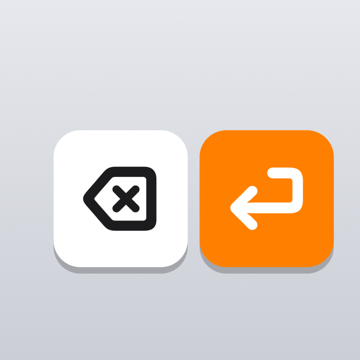 The Speaking Of app icon: a white delete key and a Pumpkin Orange return key on a pale grey keyboard backdrop